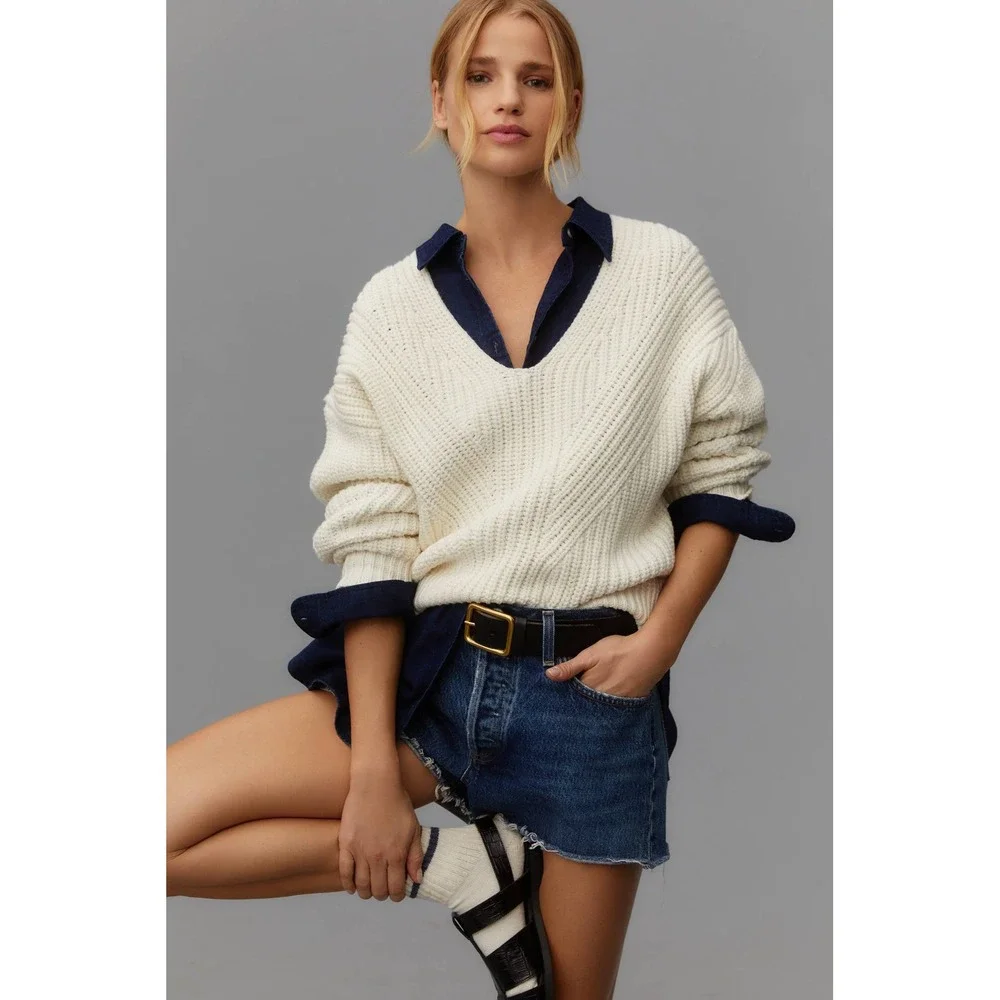Maeve Anthropologie Ivory Chunky Knit V-Neck Sweater Cream Oversized Pullover S